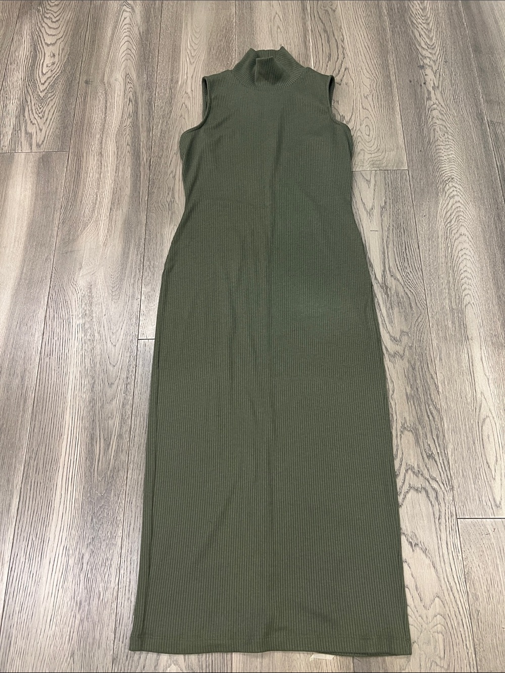 Calvin Klein Olive Ribbed Sleeveless Mock Neck Midi Dress